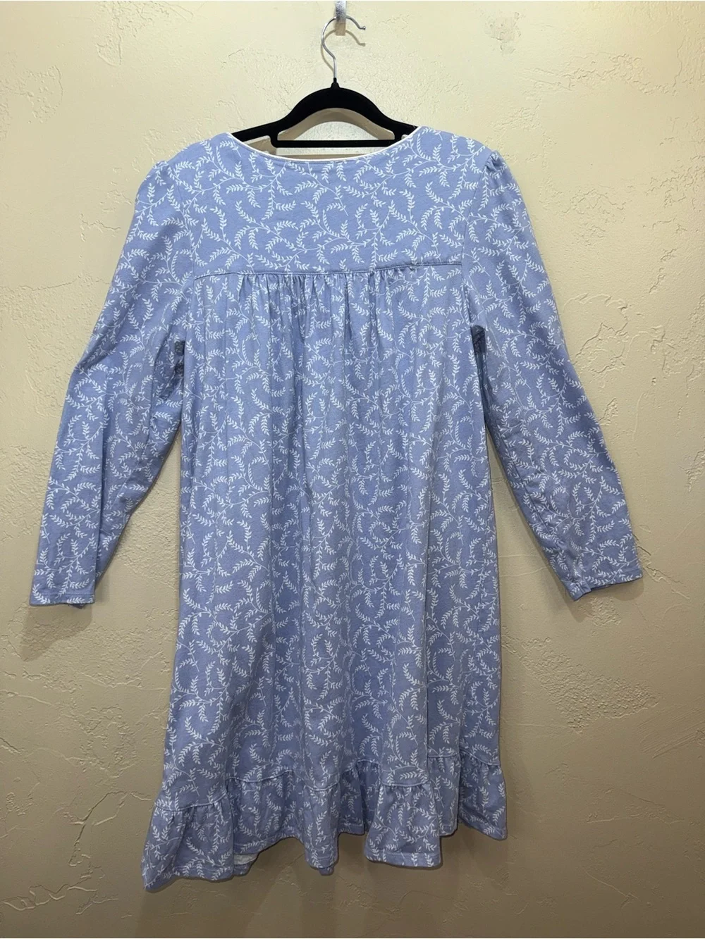 Eileen West Blue Leaf-Print Traditional Nightgown with White Lace Rouched Trim S